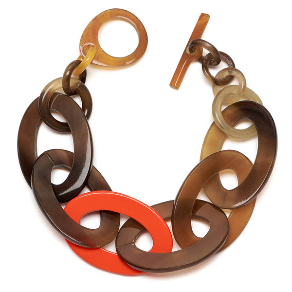 Orange Lacquered and Brown Natural oval link horn bracelet