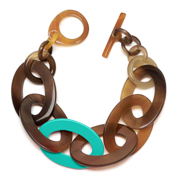 Aquamarine Lacquered & Brown Natural oval link horn bracelet
