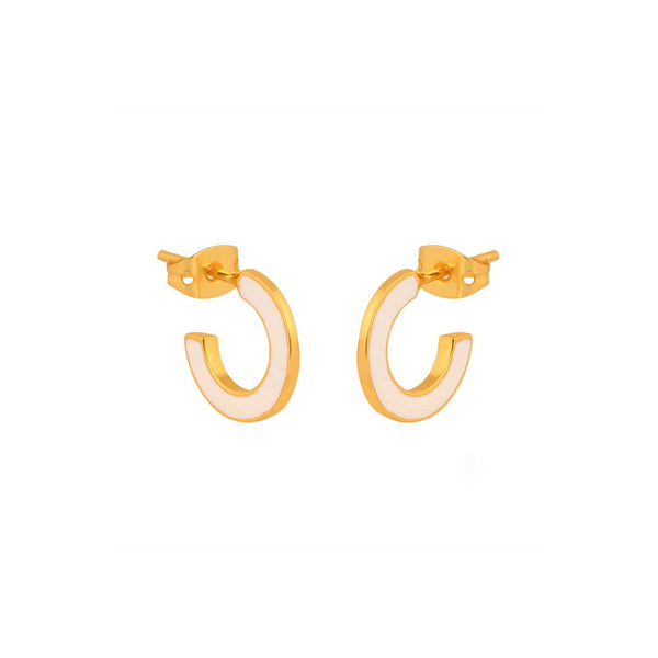 Gold and cream enamel huggie hoop earring