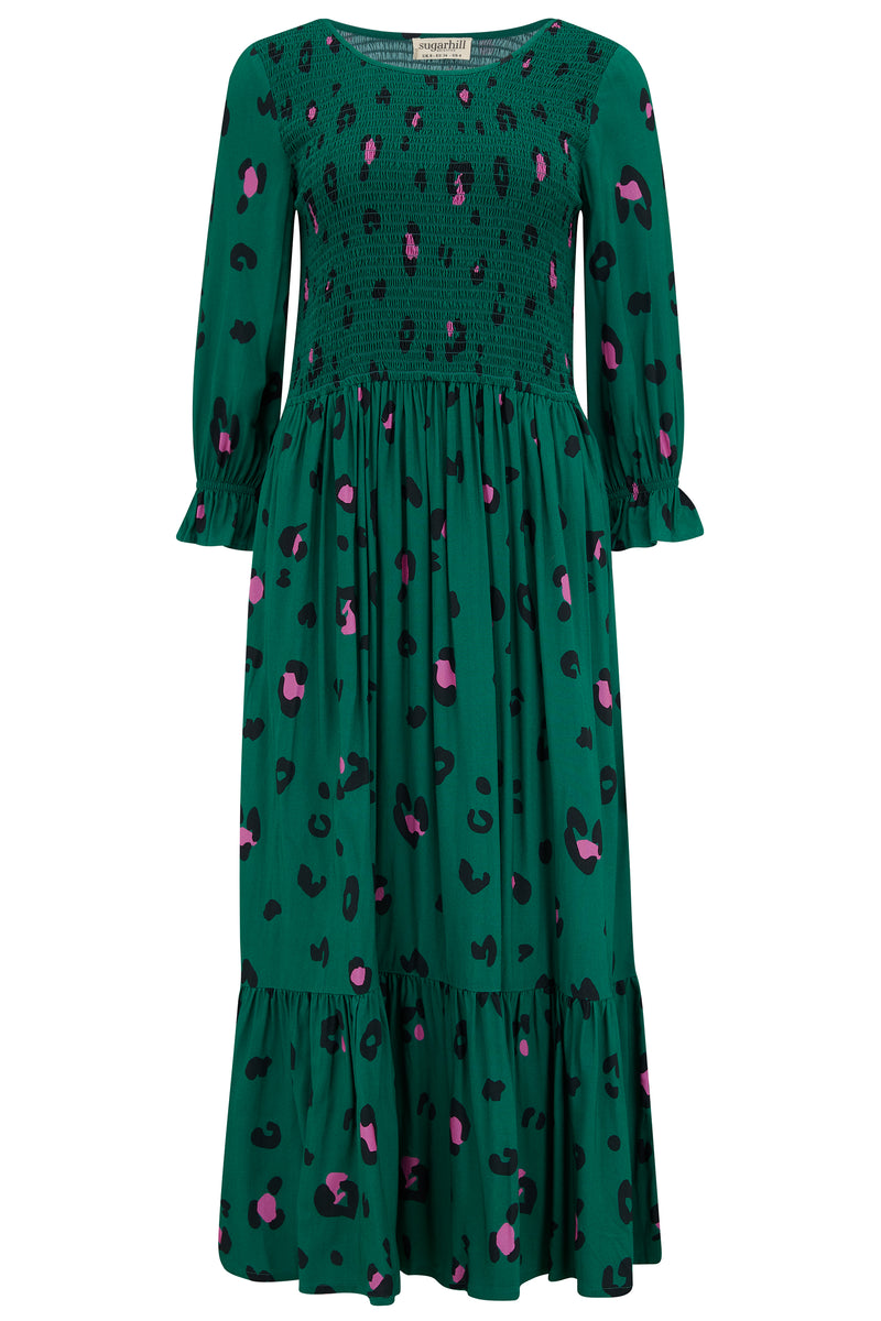 Green and pink leopard print maxi dress