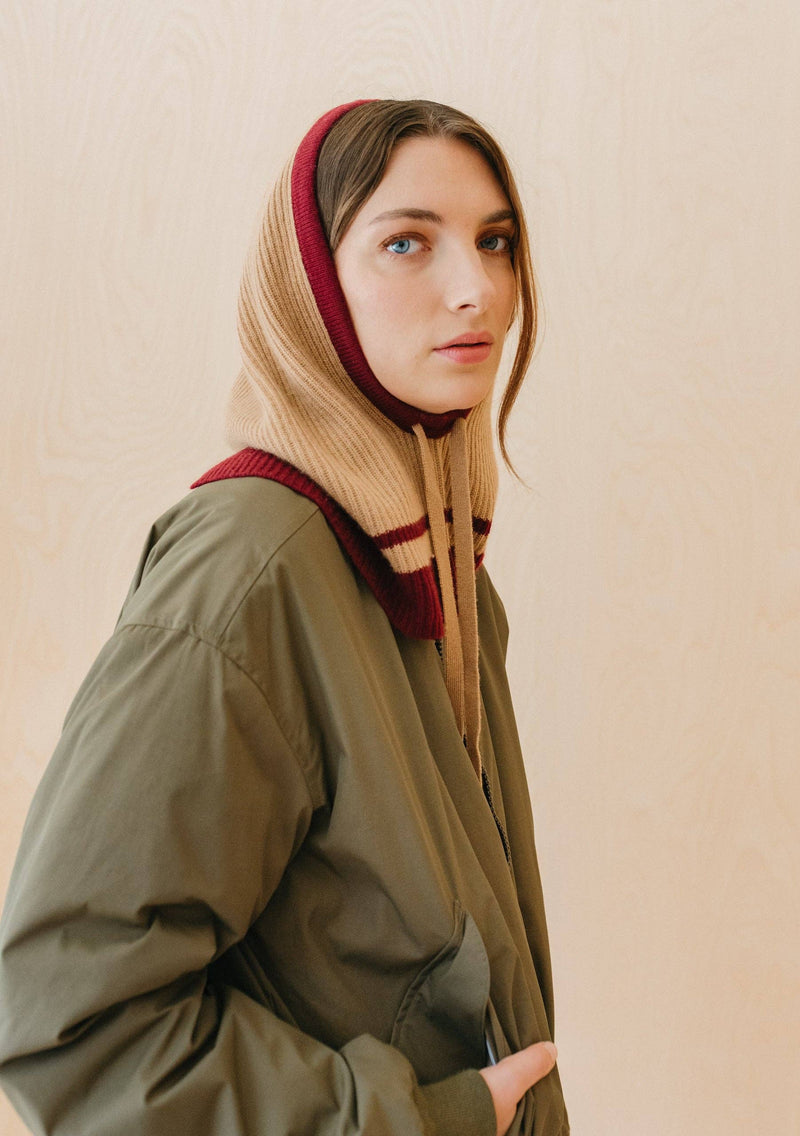 Merino Hood in Camel & Red