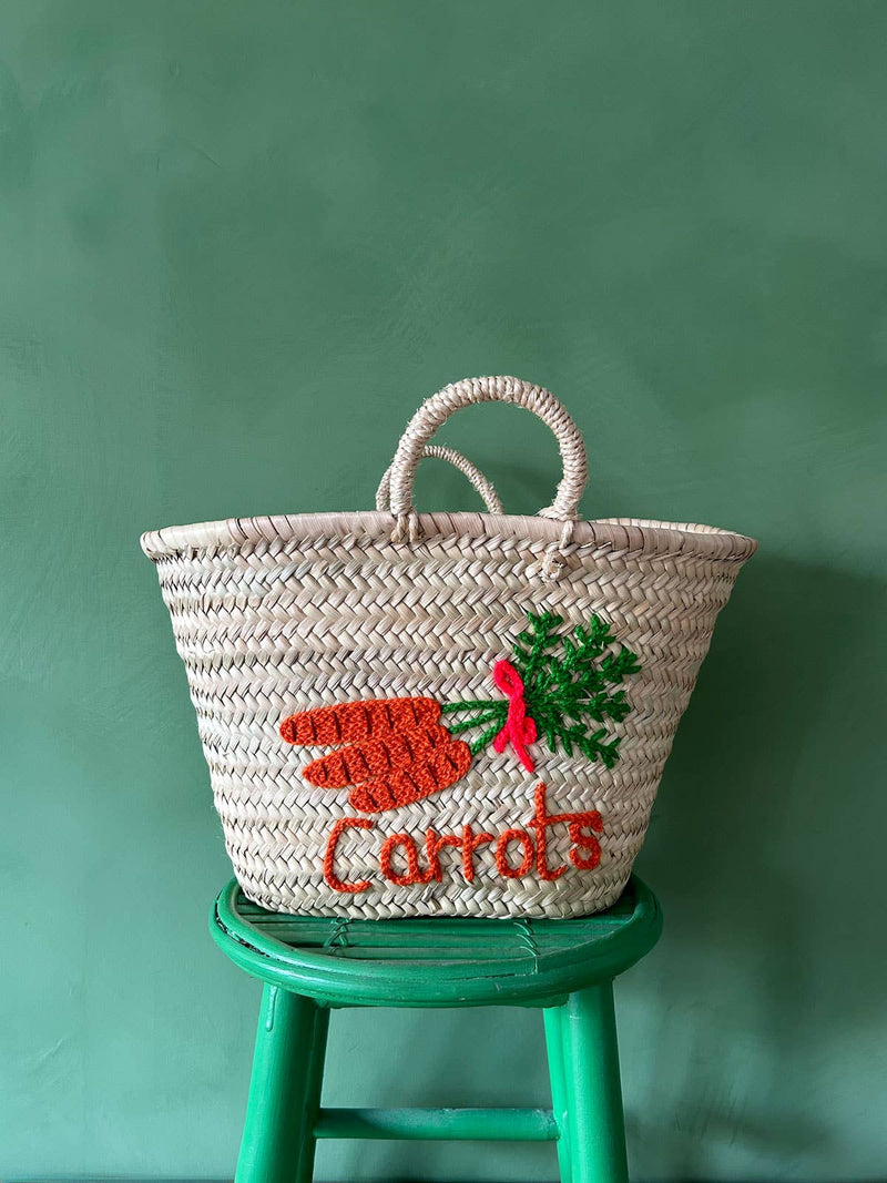 Hand Embroidered Market Basket, Carrots