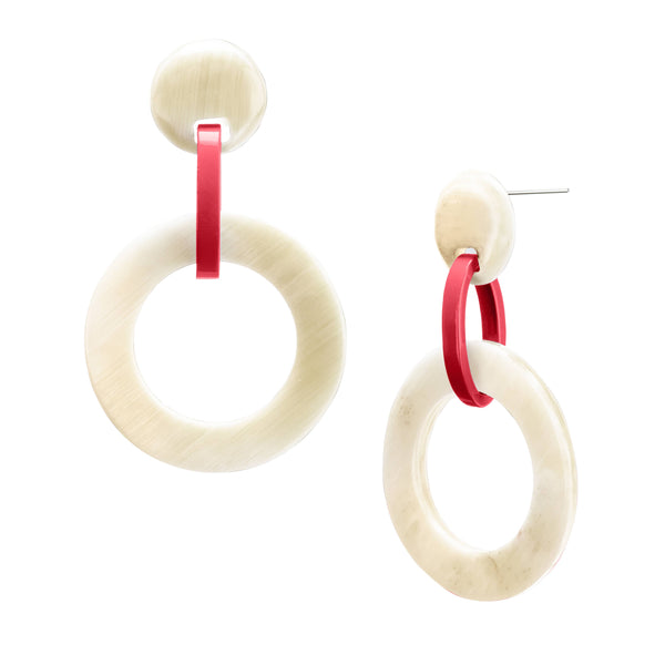 White natural and pink lacquered round link earrings