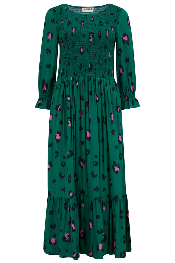 Green and pink leopard print maxi dress