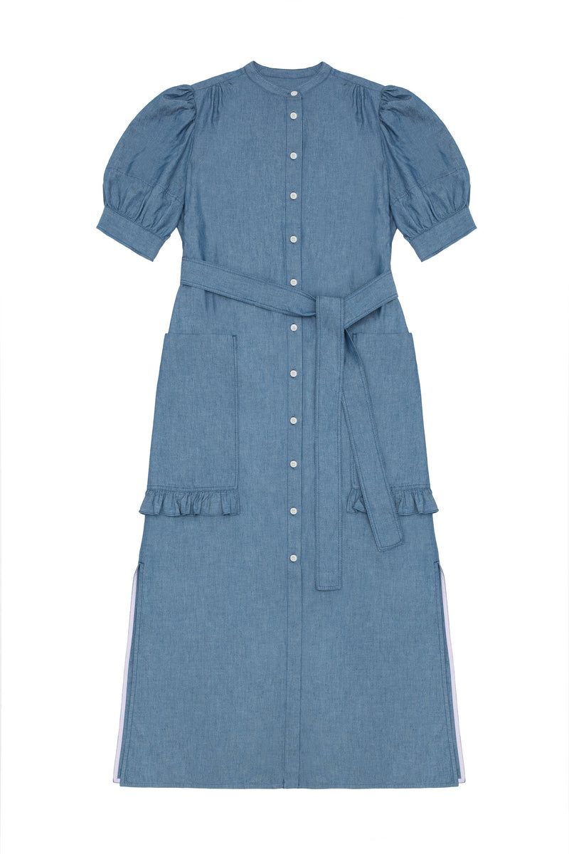 Rosa Puff Sleeve Shirtdress, Blue Light Wash Japanese Denim