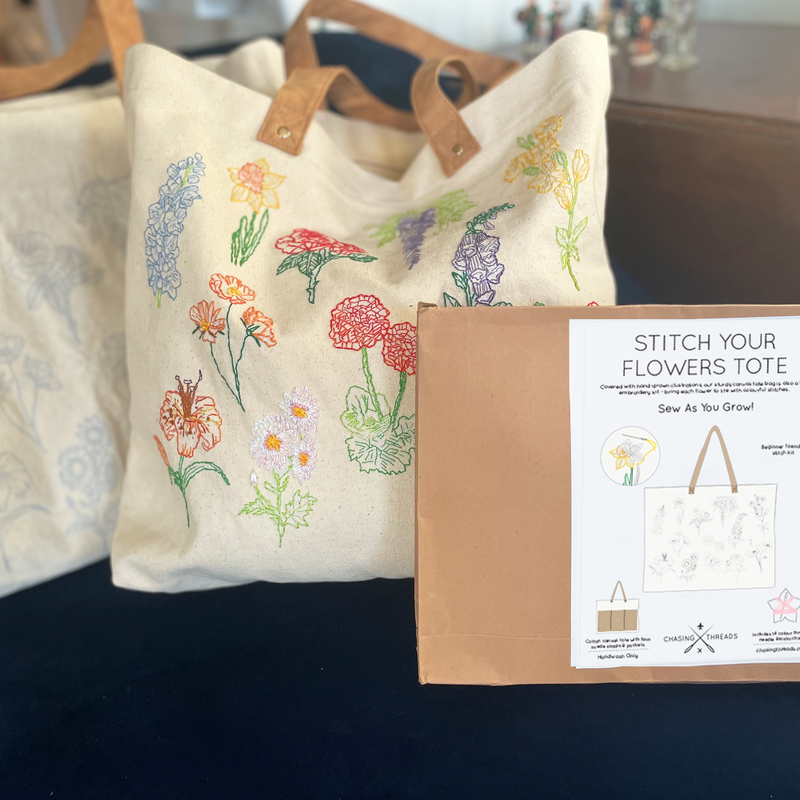 Stitch Your Flowers Tote Bag - Embroidery Kit grocery bag