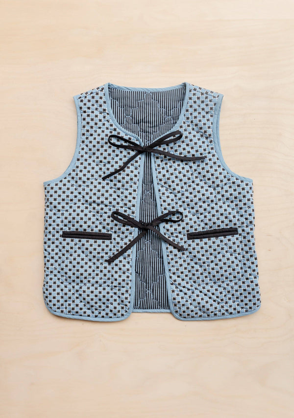 Quilted Cotton Vest in Reversible Blue Celestial Stripe: M