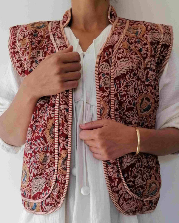 Quilted Organic Cotton Waistcoat | Indian Hand Block Printed