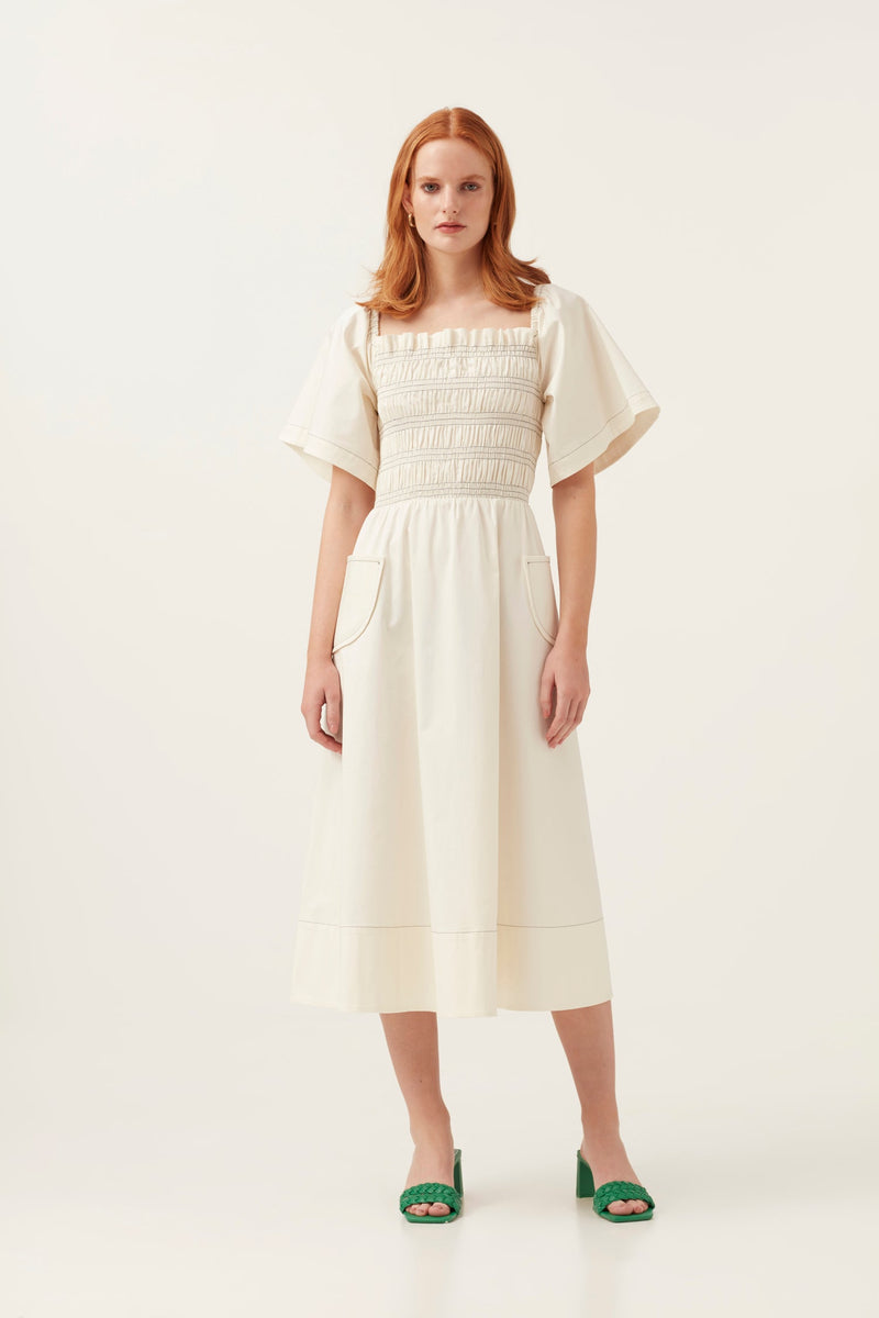 Short Sleeve Shirred Dress Cream