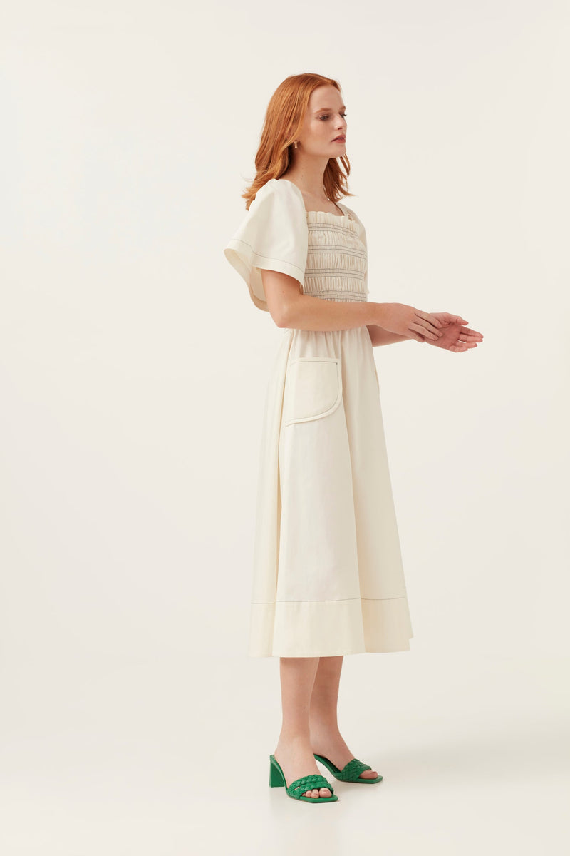Cream Short Sleeve Shirred Dress | Dresses | Mirla Beane