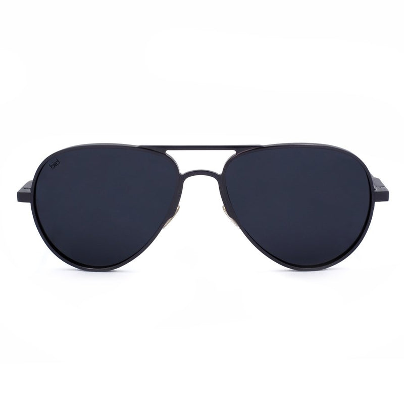 front view of black aviator sunglasses with polarised lenses