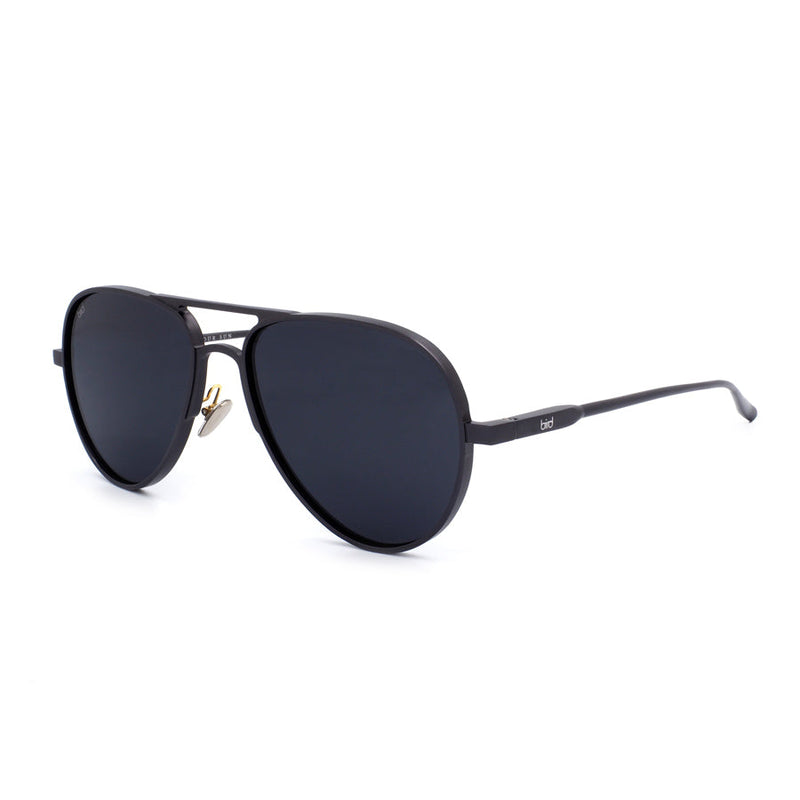 side view of black aviator sunglasses with polarised lenses