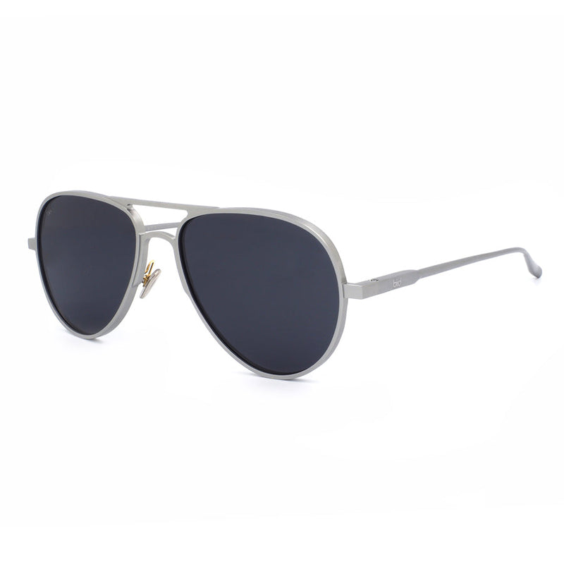side view of silver aviator sunglasses with polarised lenses
