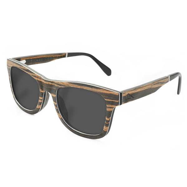 Corner view of wooden sunglasses with polarised lenses