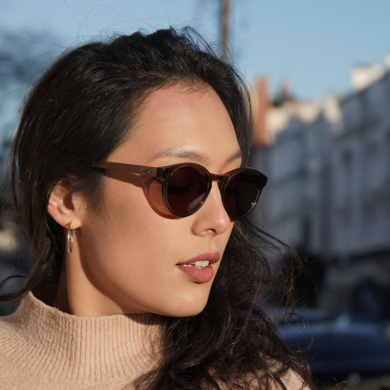 Women wearing transparent brown acetate sunglasses with amber lenses