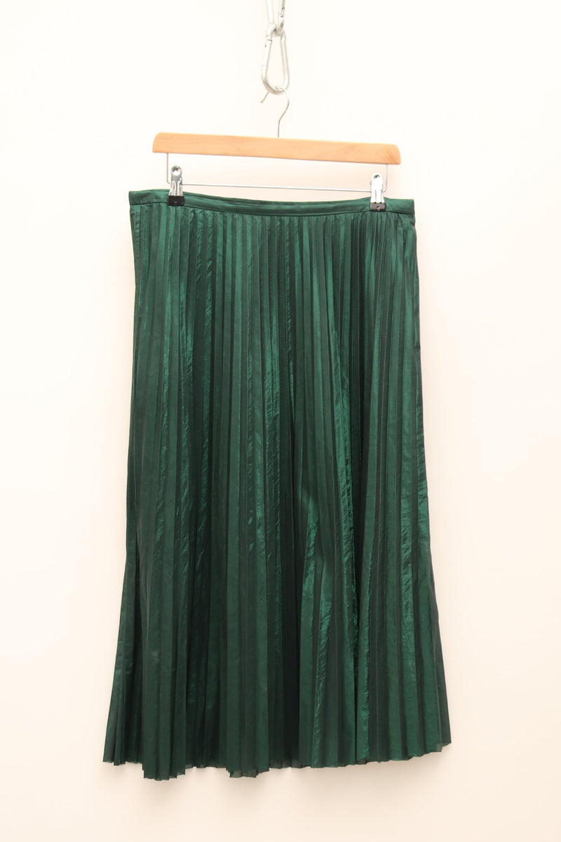 Metallic Pleated Emerald Midi Skirt