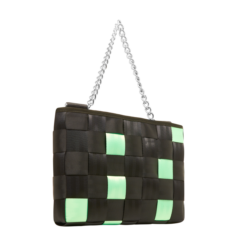 Black and Neon Green Patty Woven Chain Bag