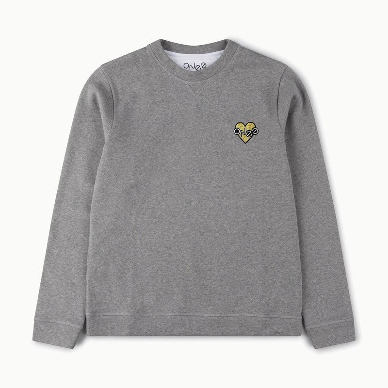ONE Love embroidered sew on patch on a grey marl organic cotton sweatshirt, sewn to left hand side of chest