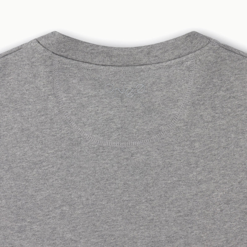 ONE Essentials Grey Marl Organic Sweatshirt, logo shown on the back neckline embroidered with grey thread.