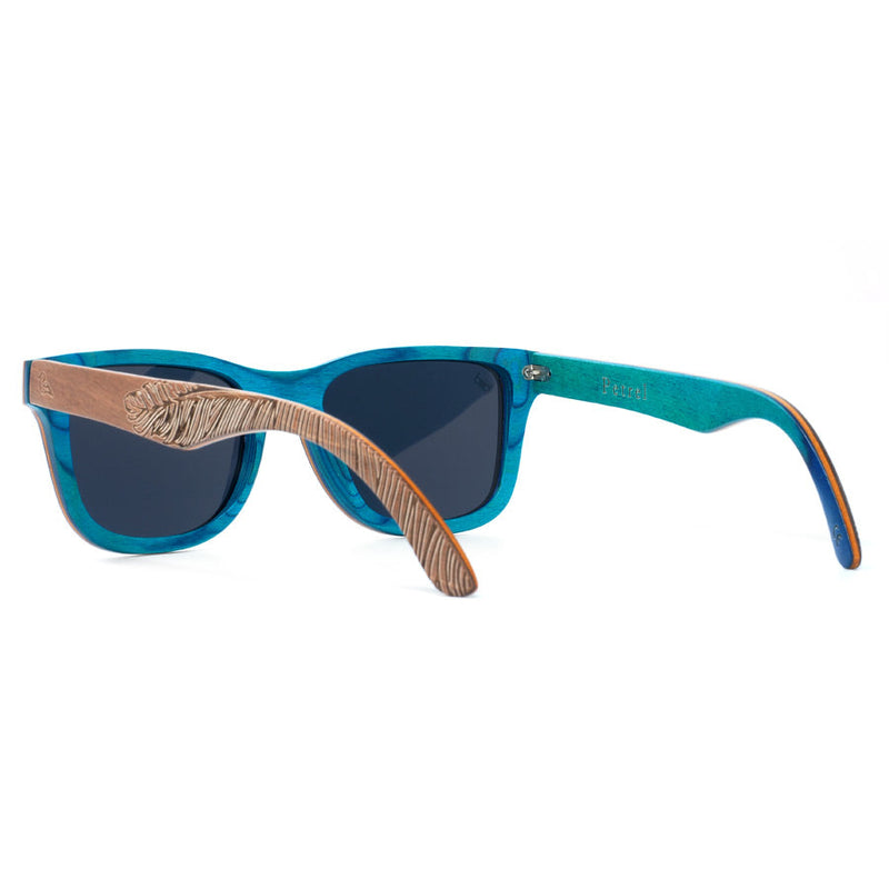 Rear inside view of eco-friendly wooden sunglasses with blue wood inside