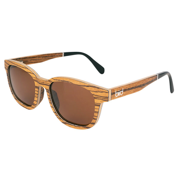 Corner view of Eco conscious wooden sunglasses with brown coloured lenses