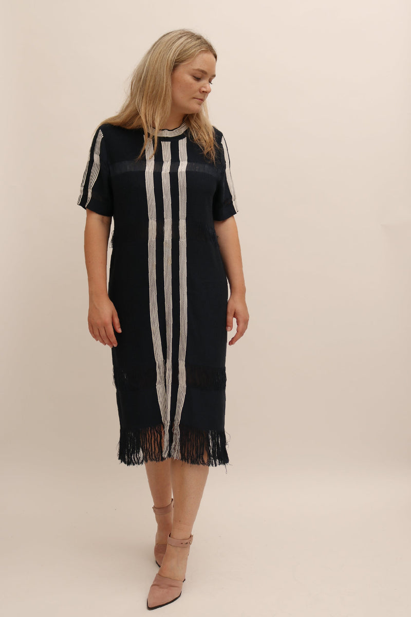 OTHER STORIES STRIPED KNIT FRINGED DRESS