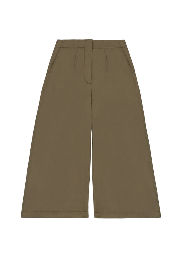 Product shot of Saywood's Amelia wide leg trousers in khaki