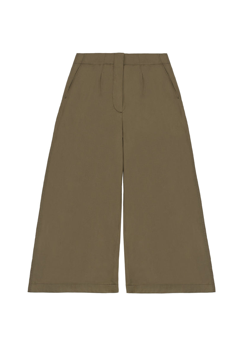 Product shot of Saywood's Amelia wide leg trousers in khaki