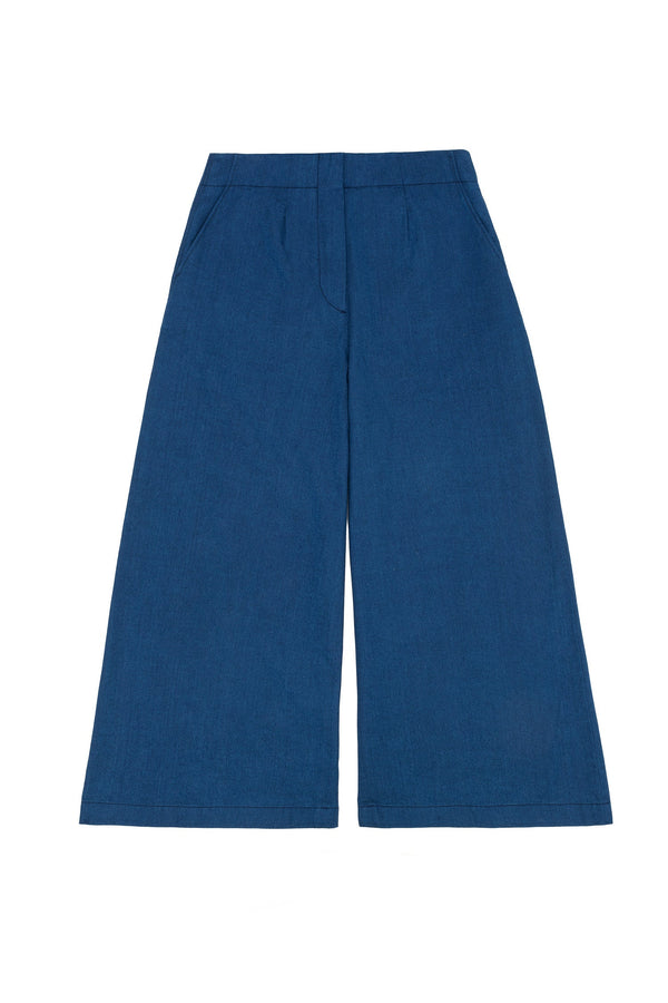 Product shot of Saywood's Amelia wide leg trousers in natural indigo Japanese denim