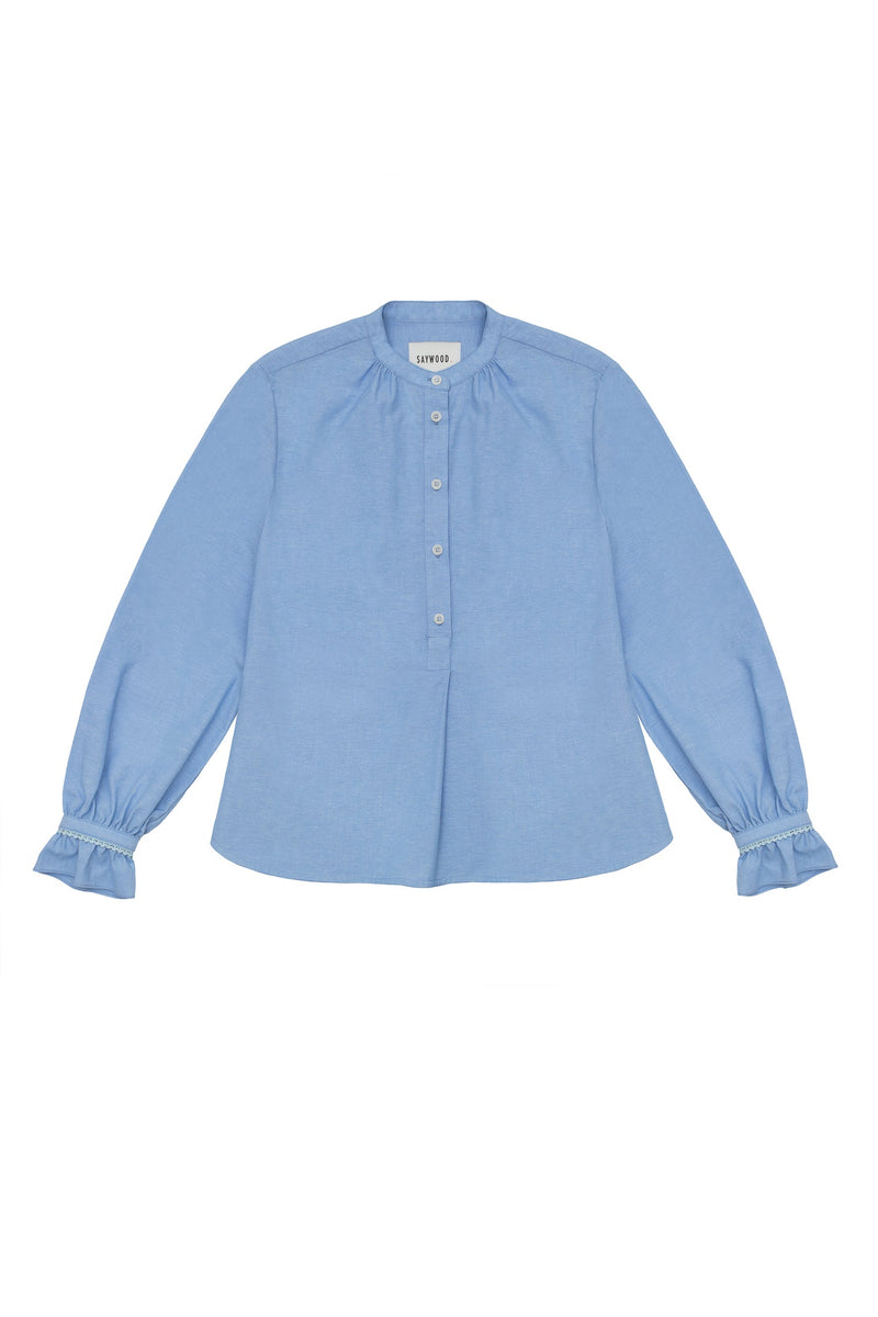 Marie Gather Neck A-Line Blouse, Blue Recycled Cotton