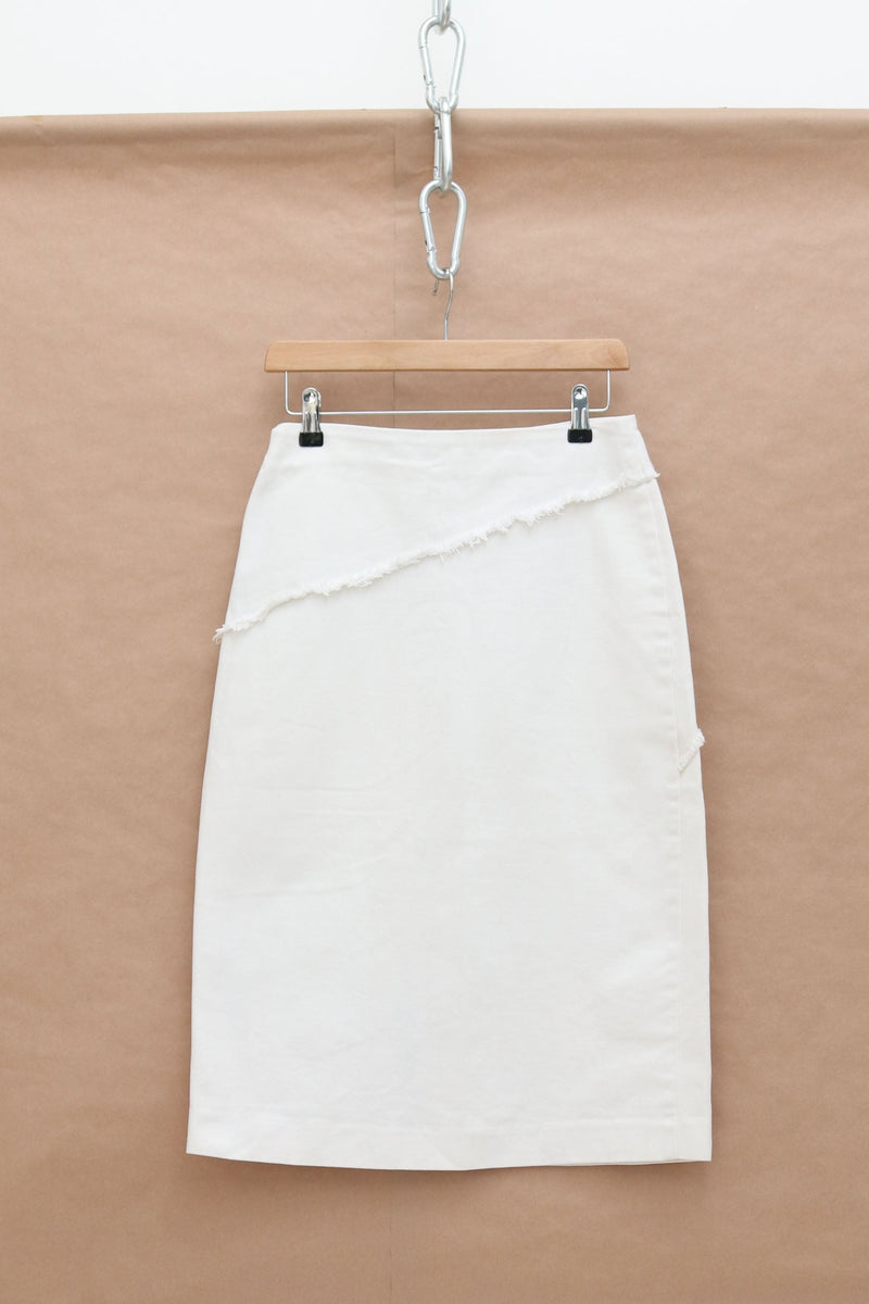 Frayed White Denim Midi Skirt