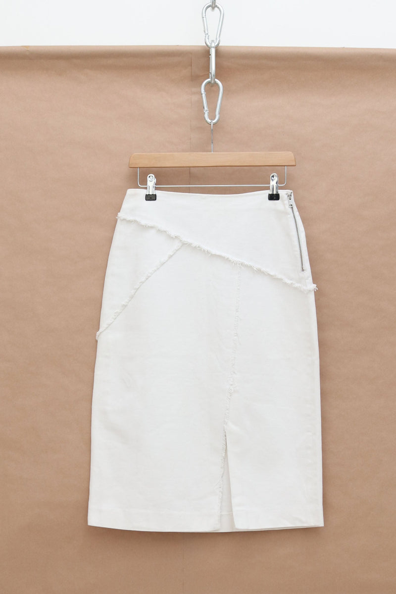 Frayed White Denim Midi Skirt