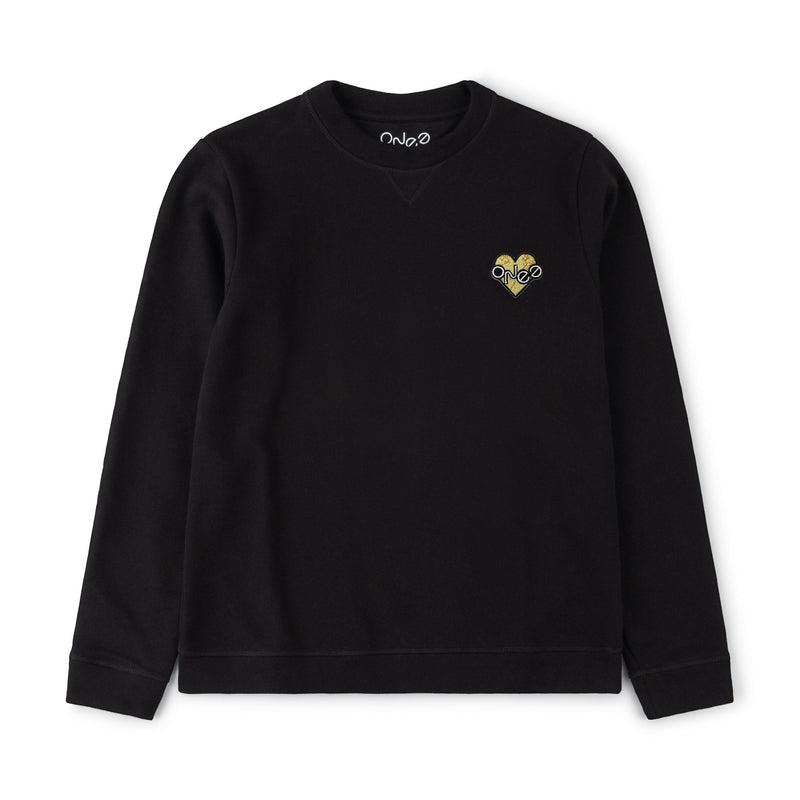 ONE Love embroidered sew on patch on a black organic cotton sweatshirt, sewn to left hand side of chest